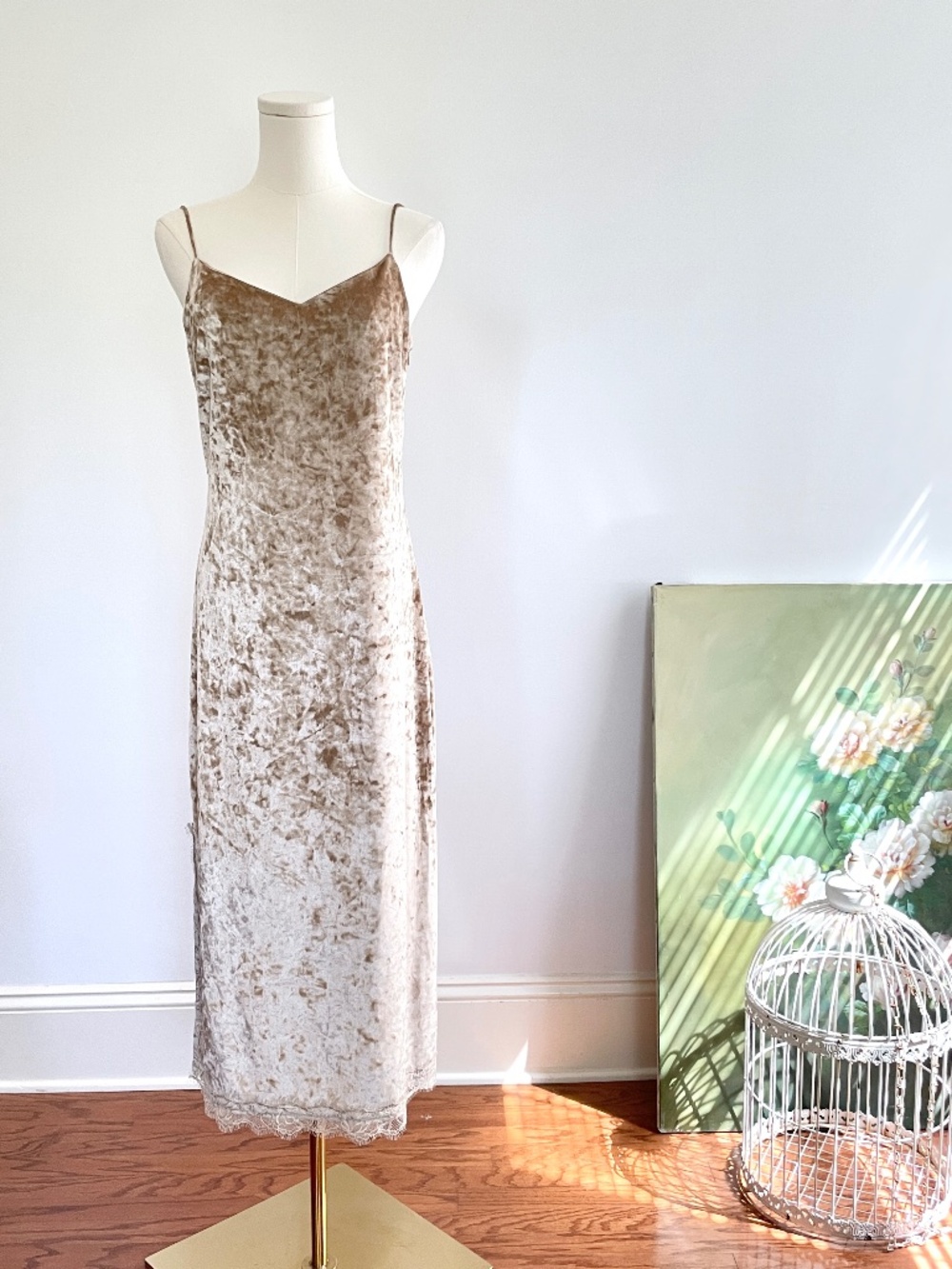 Y2K Velvet Slip Dress Medium Champagne Midi Prom Side Slit Lace Trim And NowThis